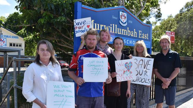 Karina Bale, David Platen, MEPS P &amp; C president Soenke Biermann, Lisa Tiffen and Paula and Barry Miller at Murwillumbah East Public School at a press conference against the new Murwillumbah mega school on November 20. Photo: Jessica Lamb