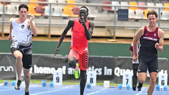 Gout Gout in the Queensland track and field state titles U20 100m final Saturday March 15, 2025. Picture, John Gass