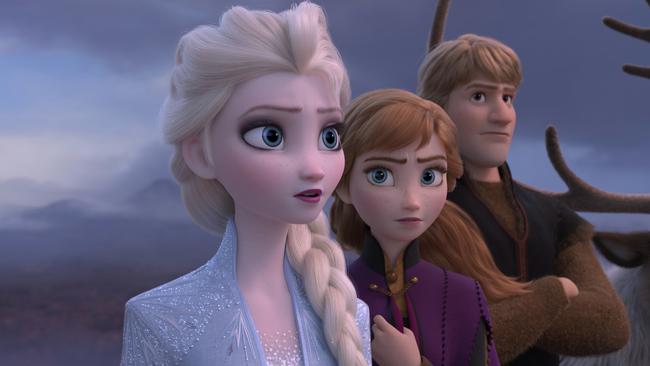 Elsa, voiced by Idina Menzel, from left, Anna, voiced by Kristen Bell, Kristoff, voiced by Jonathan Groff and Sven in Frozen 2. Picture: Disney via AP