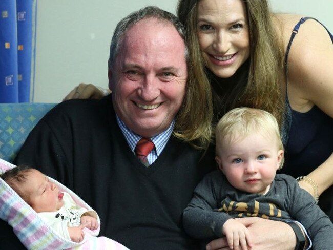 Barnaby Joyce and Vikki Campion with their newborn son, Tom, and brother Sebastian.