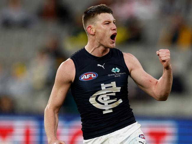 MELBOURNE, AUSTRALIA - JUNE 30: Sam Walsh of the Blues celebrates a goal during the 2024 AFL Round 16 match between the Richmond Tigers and the Carlton Blues at The Melbourne Cricket Ground on June 30, 2024 in Melbourne, Australia. (Photo by Michael Willson/AFL Photos via Getty Images)