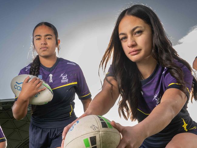 L-R: DalizÃÂ¨ Feo, Sierra TeÃ¢â¬â¢o, Nikita-Jaye Faoa and Akeelah Coffin are members of Melbourne Storm's new Female Development Squad  at AAMI Park. Picture: Tony Gough