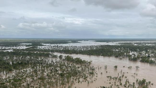 Water to the horizon is what Kylie Camp, her daughter-in-law and granddaughter saw when they were flown from Floraville Station on March 10 as the record-breaking floods swept the Burke Shire in the Gulf. Picture: Supplied