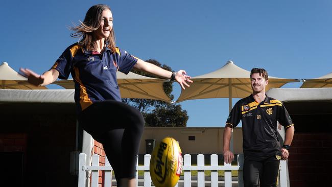 Shae-Lea Partington, sister of Glenelg Magarey Medallist and premiership star Luke Partington, was inspired by her brother to start playing footy for SMOSH West Lakes. Picture: Sarah Reed