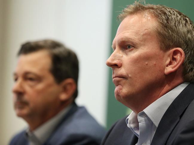 Kevin Roberts (right) and Cricket Australia chairman David Peever at Wednesday’s press conference.