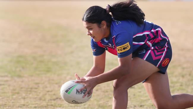 Mabel High’s Dreya Seumanutafa charges through Keebra Park’s defence to score. Picture Glenn Hampson