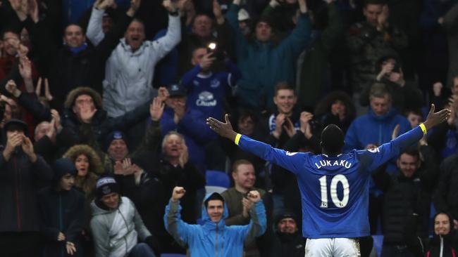 Romelu Lukaku of Everton celebrates with fans.