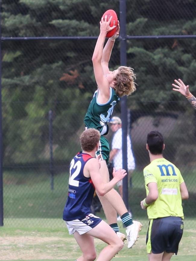 Geelong Amateur’s Tom Gorell flies high against Portarlington. Picture: Supplied.