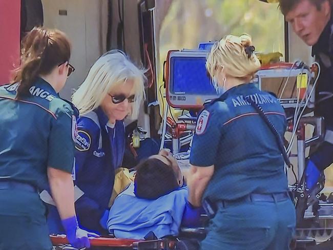 **Upsized for print** A helicopter carrying a US Marine injured in an Osprey crash at the Tiwi Islands near Darwin arrives at The Royal Darwin Hospital on Sunday, 27 August, 2023. Picture: Sky News Australia