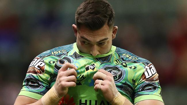 WOLLONGONG, AUSTRALIA - JULY 14: Nick Cotric of the Raiders walks from the field after being sent off for a tackle on Timoteo Lafai of the Dragons during the round 17 NRL match between the St George Illawarra Dragons and the Canberra Raiders at WIN Stadium on July 14, 2019 in Wollongong, Australia. (Photo by Mark Metcalfe/Getty Images)