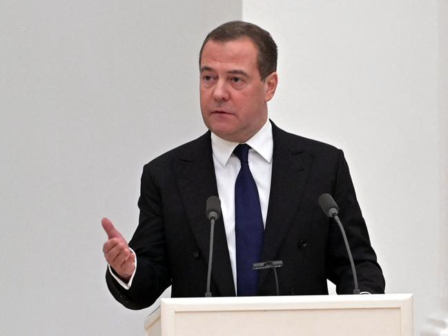 Deputy chairman of the Russian Security Council Dmitry Medvedev threatened the world with ‘Judgement Day’ if Crimea is attacked: Picture: AFP