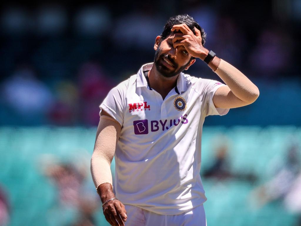 India's Jasprit Bumrah reacts.