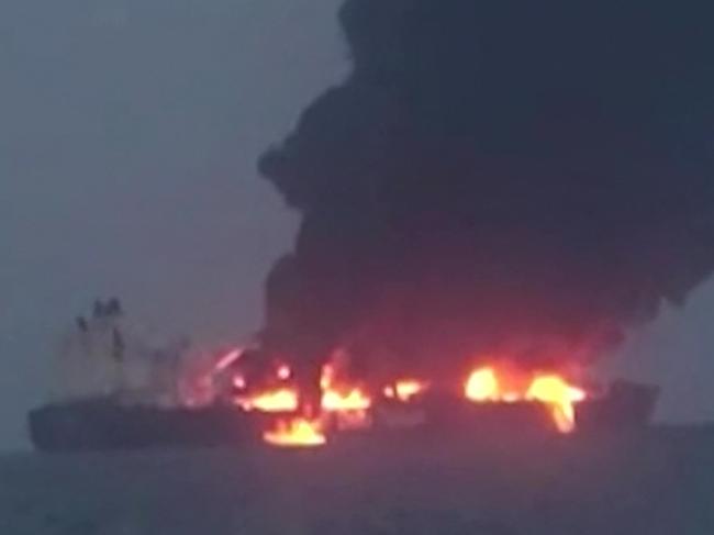 This image grab from a video released on August 23, 2024 by Yemen's Huthi Ansarullah Media Centre, shows what they say is the Greek-owned oil tanker Sounion which they reportedly hit by three projectiles on August 21, 2023. The ship, owned by the Greek shipping company Delta Tankers, had lost engine power and was anchored in the Red Sea between Eritrea and Yemen following a strike by the Huthis, which caused a brief fire onboard and damaged the engine compartment. (Photo by ANSARULLAH MEDIA CENTRE / AFP) / === RESTRICTED TO EDITORIAL USE - MANDATORY CREDIT "AFP PHOTO / HO / Ansarullah Media Centre" - NO MARKETING - NO ADVERTISING CAMPAIGNS - DISTRIBUTED AS A SERVICE TO CLIENTS ===