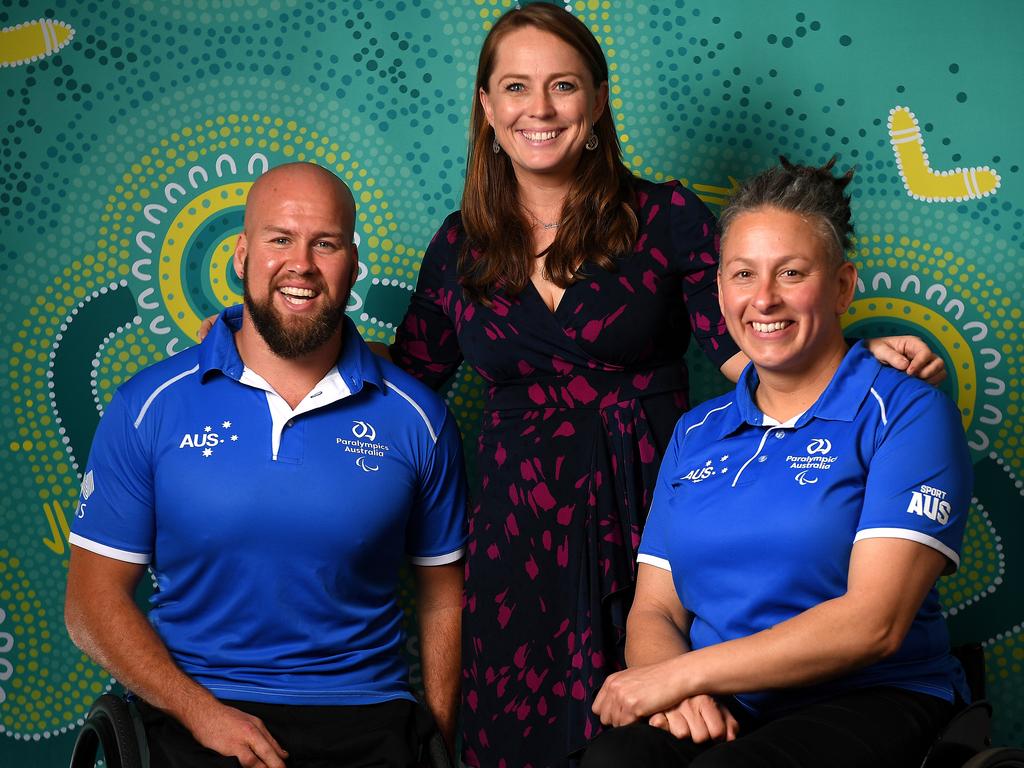 Australian Paralympic team co-captains Ryley Batt and Danni Di Toro with chef de mission Kate McLoughlin (centre). Picture: AAP Image/Dan Himbrechts