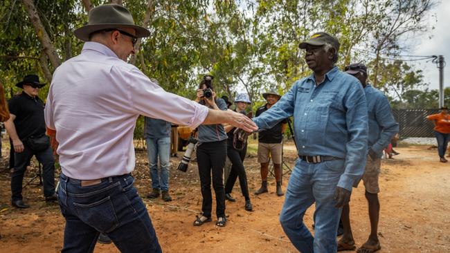 Prime Minister Anthony Albanese meets with Yolngu elder Djawa Yunupingu during Garma Festival in East Arnhem on August 4.