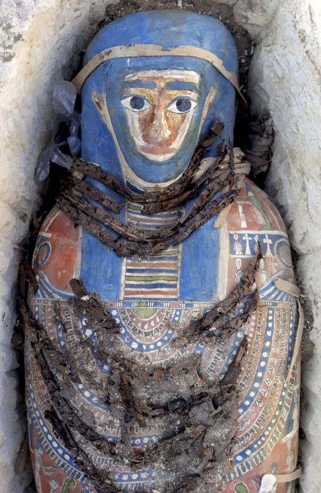 One of eight ancient mummies, painted intricately, was found inside a pyramid south of Cairo. Picture: Egyptian Ministry of Antiquities