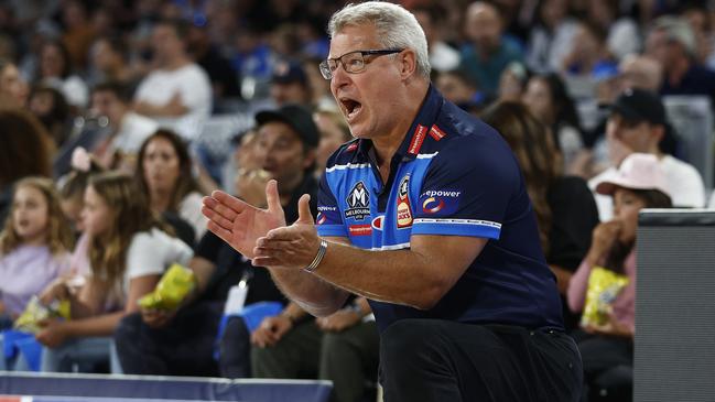 United head coach Dean Vickerman fires up his troops in the crucial contest between Melbourne United and Adelaide 36ers at John Cain Arena.