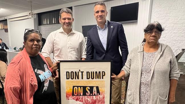 Barngarla traditional owner, Linda Dare with the Minister for Aboriginal Affairs, Kyam Maher, Premier Peter Malinauskas, and Barngarla traditional owner, Daw Taylor. Picture: Jason Bilney, Chairman of Barngarla Determination Aboriginal Corporation