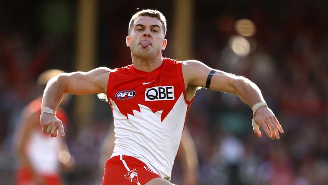 Sydney’s Tom Papley celebrates kicking a goal against Collingwood. Picture: Phil Hillyard