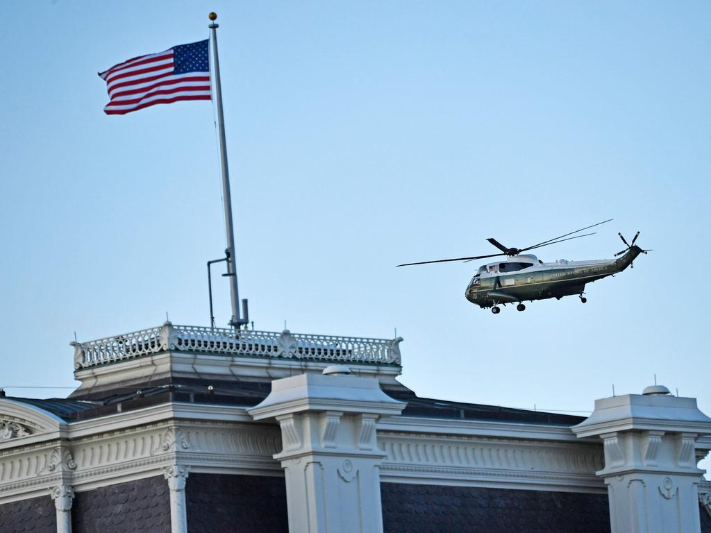 Marine One with now former US President Donald Trump and First Lady Melania Trump aboard flies over the White House. Picture: AFP