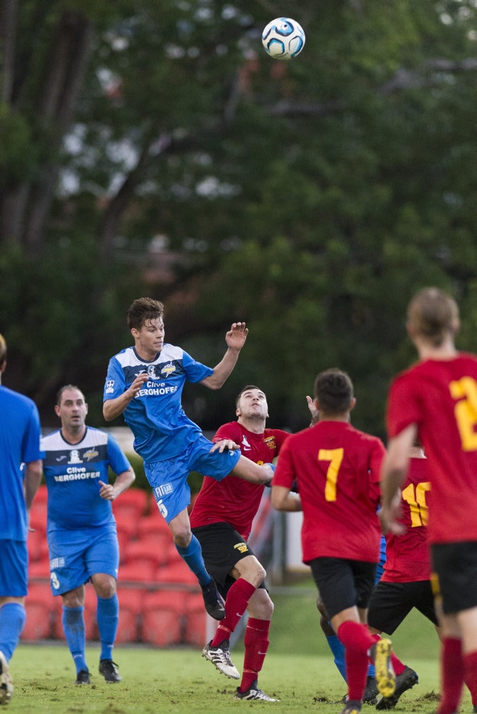 Wade Hall is action for South West Queensland Thunder against Sunshine Coast Fire in NPL Queensland men round nine football at Clive Berghofer Stadium, Saturday, March 30, 2019. Picture: Kevin Farmer