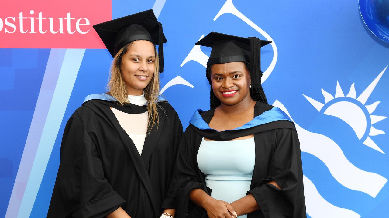 Christelle Ah Pew and Althea Painap at the James Cook University 2023 Graduation. Picture: Shae Beplate.