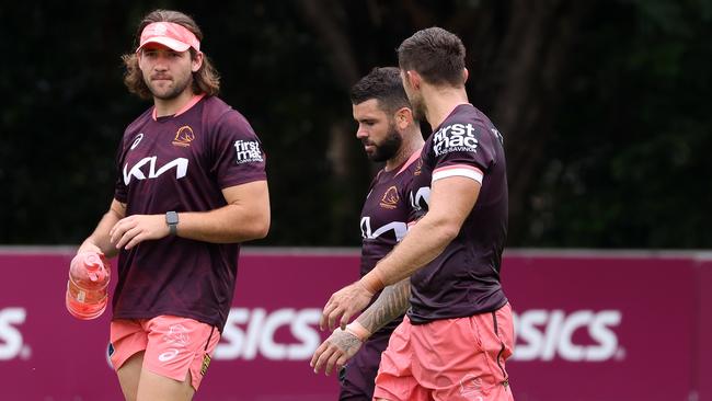 Patrick Carrigan is a future Broncos captain, getting valuable leadership lessons from current skipper Adam Reynolds. Picture: Liam Kidston