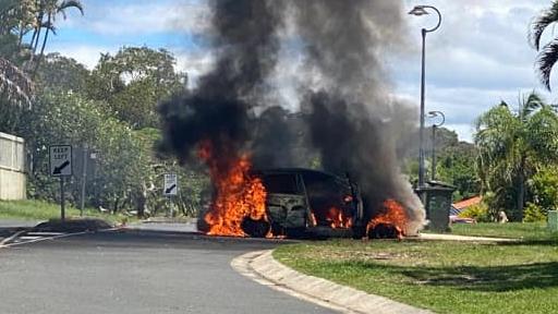 Police are investigating after a car went up in flames at Driftwood Pl, Parkwood about noon. Picture: Julieanne Edwards