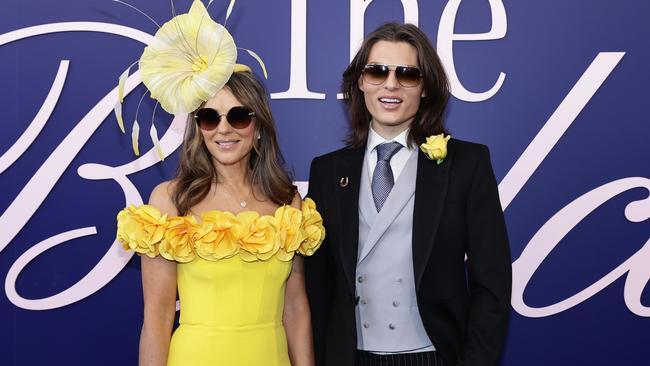 Elizabeth Hurley and Damian Hurley at Flemington Racecourse on Melbourne Cup day. Picture: Getty Images