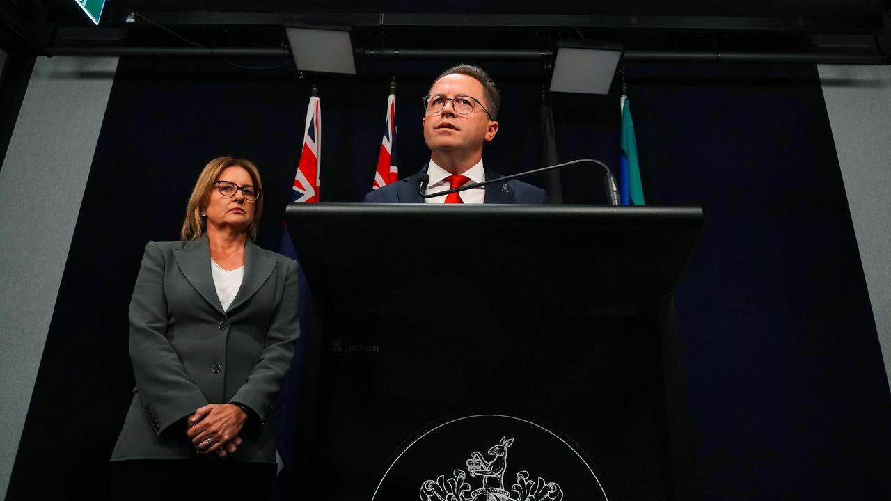 Victorian Premier Jacinta Allan and Police Minister Anthony Carbines addressed Shane Patton’s resignation in a press conference on Monday. Picture: NewsWire / Luis Enrique Ascui