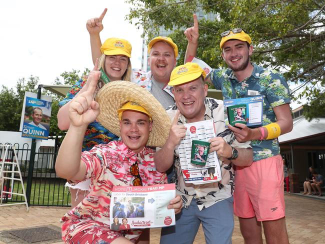 Cricket fans Rachelle Jones, Luke smith, Luke Eccles, Jake Lacey and Lloyd Smith voting at East Brisbane State School before going into the Gabba. Picture: Peter Wallis