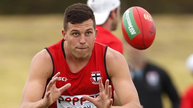 MELBOURNE, AUSTRALIA - DECEMBER 14: Rowan Marshall of the Saints marks the ball during a joint AFL and AFLW St Kilda Saints training session at RSEA Park on December 14, 2019 in Melbourne, Australia. (Photo by Dylan Burns/AFL Photos via Getty Images)