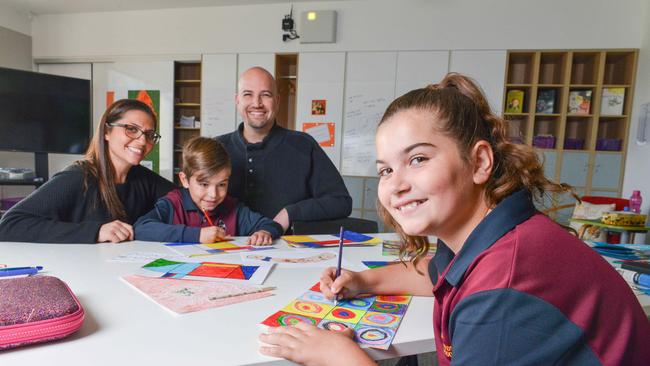 Vinny and Lori Maresca with their children Matilda and Leo at Tenison Woods Catholic School in Richmond, Sept 3, 2020. Picture: Brenton Edwards