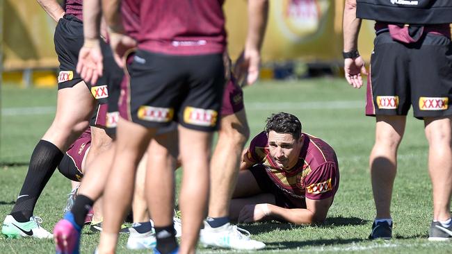 Billy Slater down injured at Queensland training.