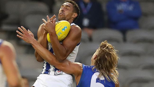 Roos recruit Aiden Bonar had a solid game against the Bulldogs. Picture: Michael Klein