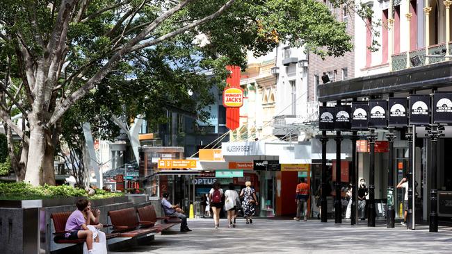 Queen Street Mall in Brisbane CBD is quiet with city workers encouraged to work from home as Covid cases continue to increase. Picture: Tara Croser