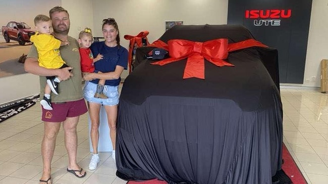 The Connell family with their brand new $75,000 Isuzu MU-X – the first time the family had ever purchased a new vehicle. Picture: Supplied