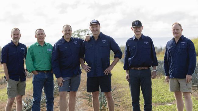 Top Shelf International communications executive Matthew Slade, Prospect Agriculture's Chris Monsour, master distiller Sebastian Reaburn, Top Shelf International co-founder and CEO Drew Fairchild, and Top Shelf International general manager commercial and agave Michael Hennessy at Eden Lassie, at the former eggplant farm on which one million agave plants were planted to be distilled into agave spirit. Picture: Contributed