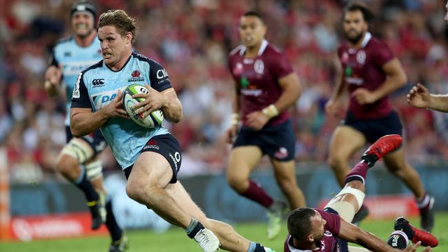 Michael Hooper of NSW scores a try during the Super Rugby game between the Queensland Reds and the NSW Waratahs. Pic Darren England.