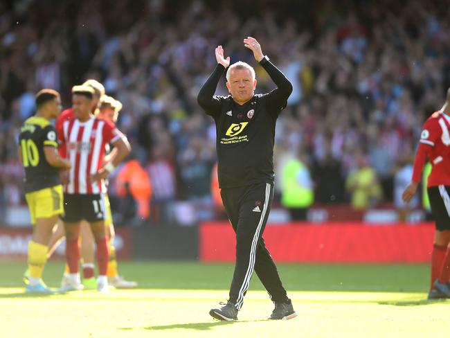 SHEFFIELD, ENGLAND - SEPTEMBER 14: Chris Wilder, Manager of Sheffield United applauds fans after the Premier League match between Sheffield United and Southampton FC at Bramall Lane on September 14, 2019 in Sheffield, United Kingdom. (Photo by Nathan Stirk/Getty Images)