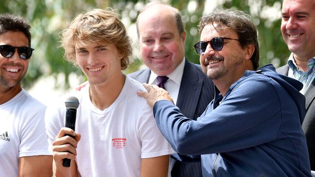 Henri Leconte with Alexander Zverev at the launch of the 2019 World Tennis Challenge at Memorial Drive on Monday. Zverev later withdrew from the event. Picture: Mark Brake/Getty Images