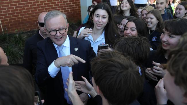 Prime Minister Anthony Albanese was mobbed by students during his visit to Mount Lawley Senior High School where he signed the school resourcing agreement with WA. Picture: NewsWire/Philip Gostelow