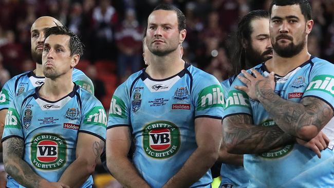 Dejected Blues stars Mitchell Pearce, Boyd Cordner and Andrew Fifita. Picture: Brett Costello