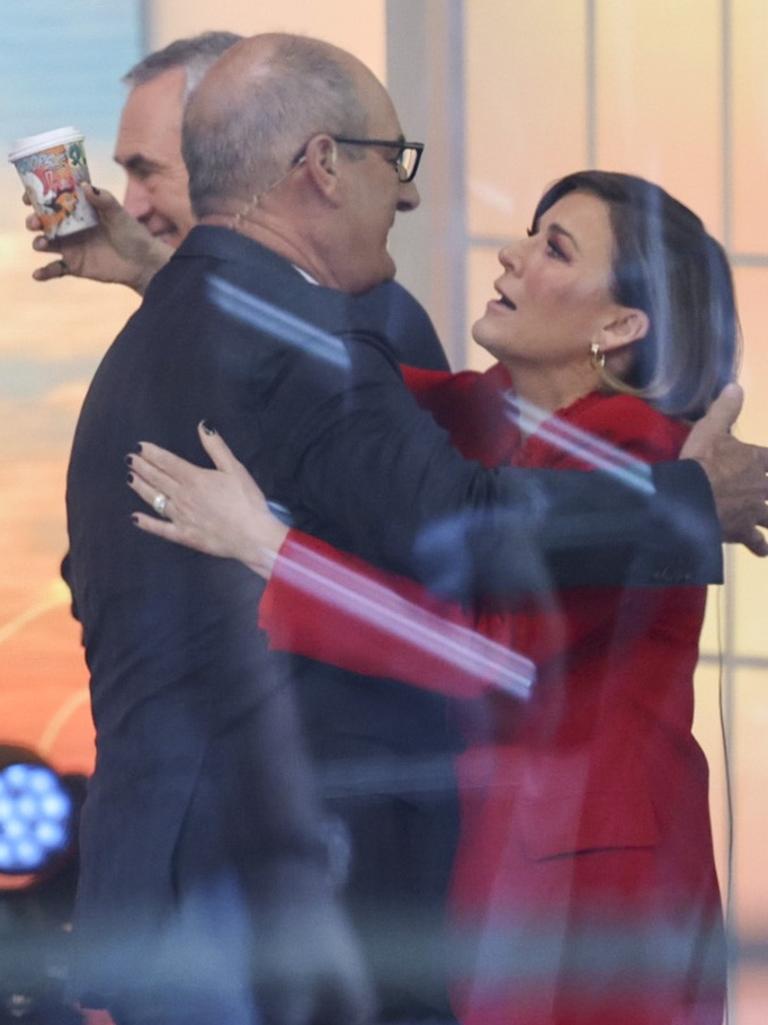 Kochie hugs Kylie Gillies. Picture: MEDIA-MODE.COM