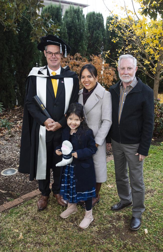 Doctor of Business Administration graduate Todd Rogers with family (from left) Lucy Rogers, Van Nguyen and Ken Rogers at a UniSQ graduation ceremony at The Empire, Tuesday, June 25, 2024. Picture: Kevin Farmer