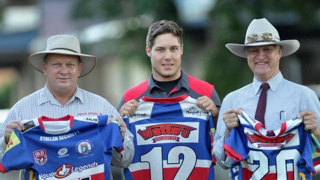 State Member for Hill, Shane Knuth, and Federal Member for Kennedy, Bob Katter, were pictured with captain Tyson Burchell for the jersey presentation for the Atherton Roosters.