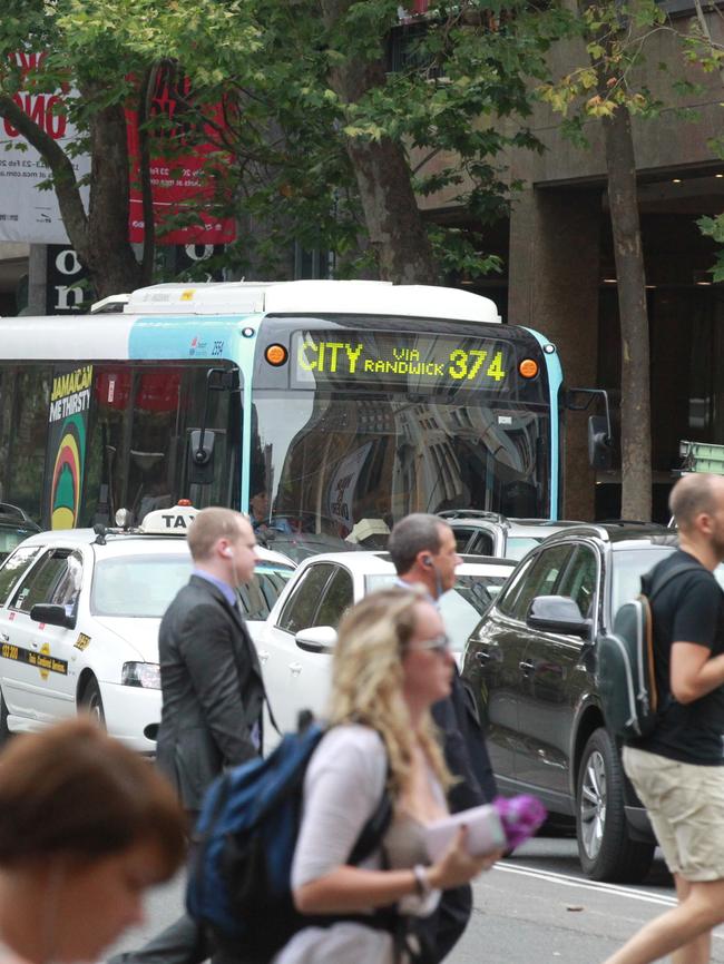 Peak hour traffic jam on Elizabeth St in the CBD.