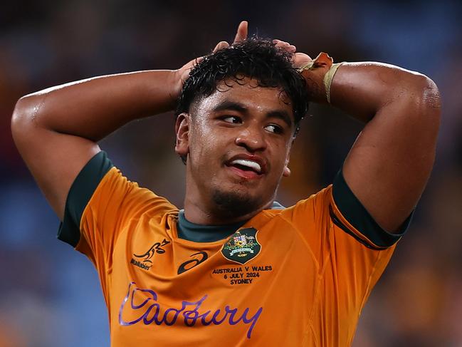 SYDNEY, AUSTRALIA - JULY 06: Isaac Kailea of the Wallabies reacts to his team's victory during the men's International Test match between Australia Wallabies and Wales at Allianz Stadium on July 06, 2024 in Sydney, Australia. (Photo by Jason McCawley/Getty Images)