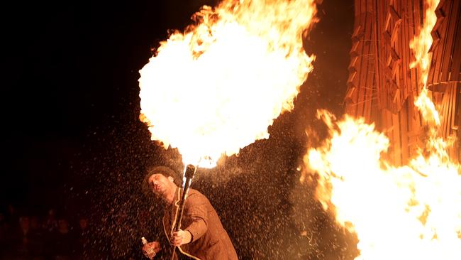 Marcus Gibbon sets the Big Willie alight at the Willie Smith mid-winter festival hosted online due to COVID-19. Picture: LUKE BOWDEN