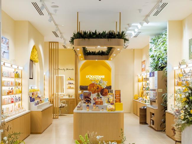 The L’Occitane store was kitted out with benchtops created from recycled glass that had been collected in its own stores. Picture: betta Stone.